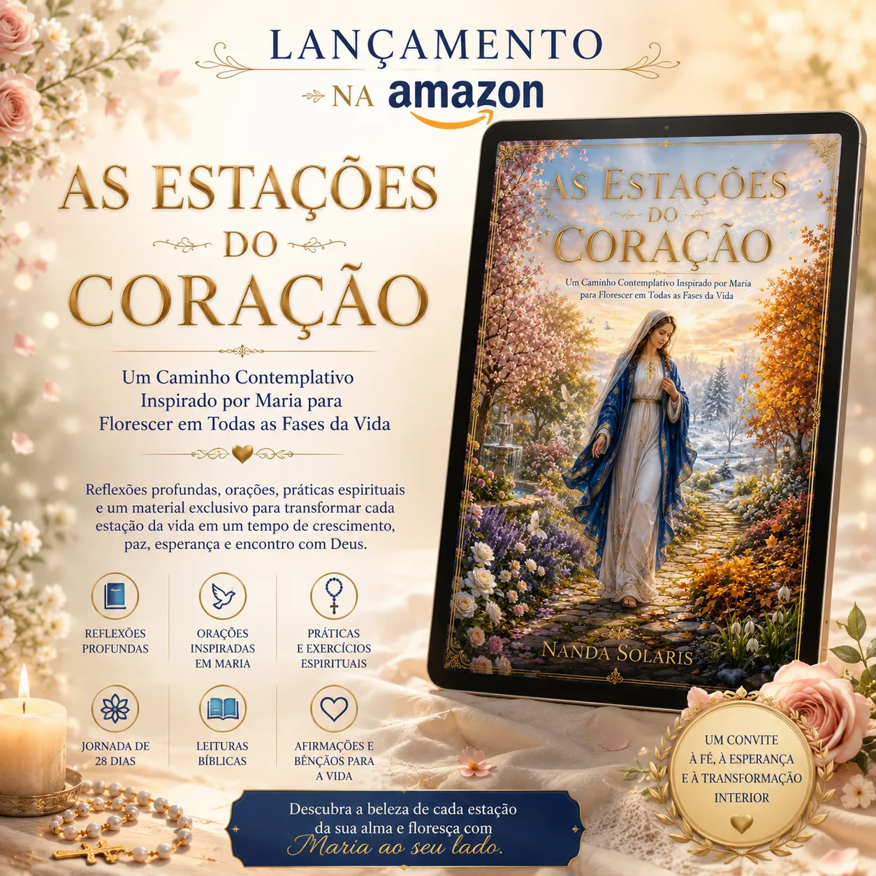 Lançamento do livro As Estações do Coração em tablet, inspirado por Maria, com jardim das quatro estações e identidade visual da coleção.