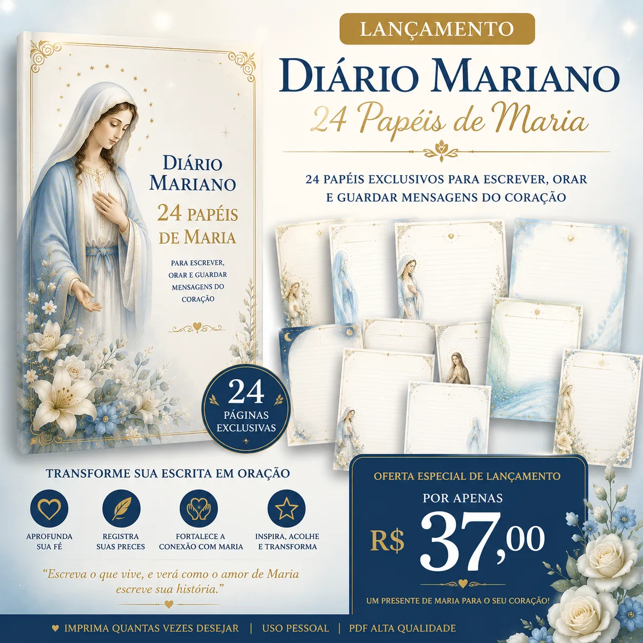 Diário Mariano — 24 Papéis de Maria para Escrever, Orar e Guardar Mensagens do Coração
